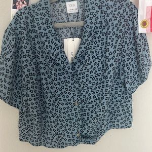 Blue with flowers button down top